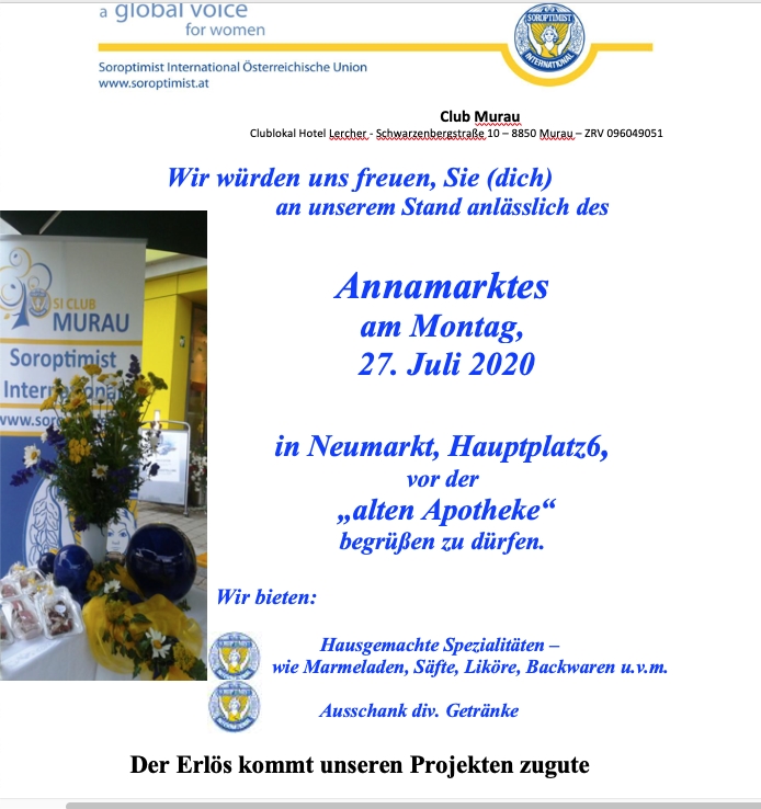 Einladung zu unserem traditionellen Stand am Annamarkt: Montag 27.Juli 2020